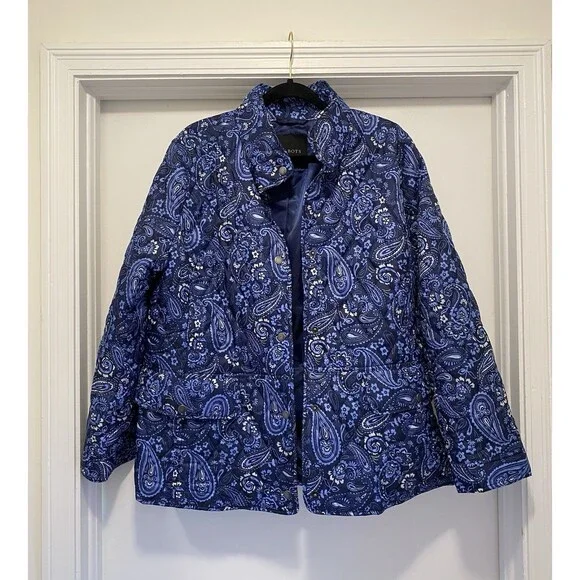 Talbots Quilted Paisley Jacket Women’s XL  Blue Navy Lightweight Floral Art Prep - Picture 2 of 10